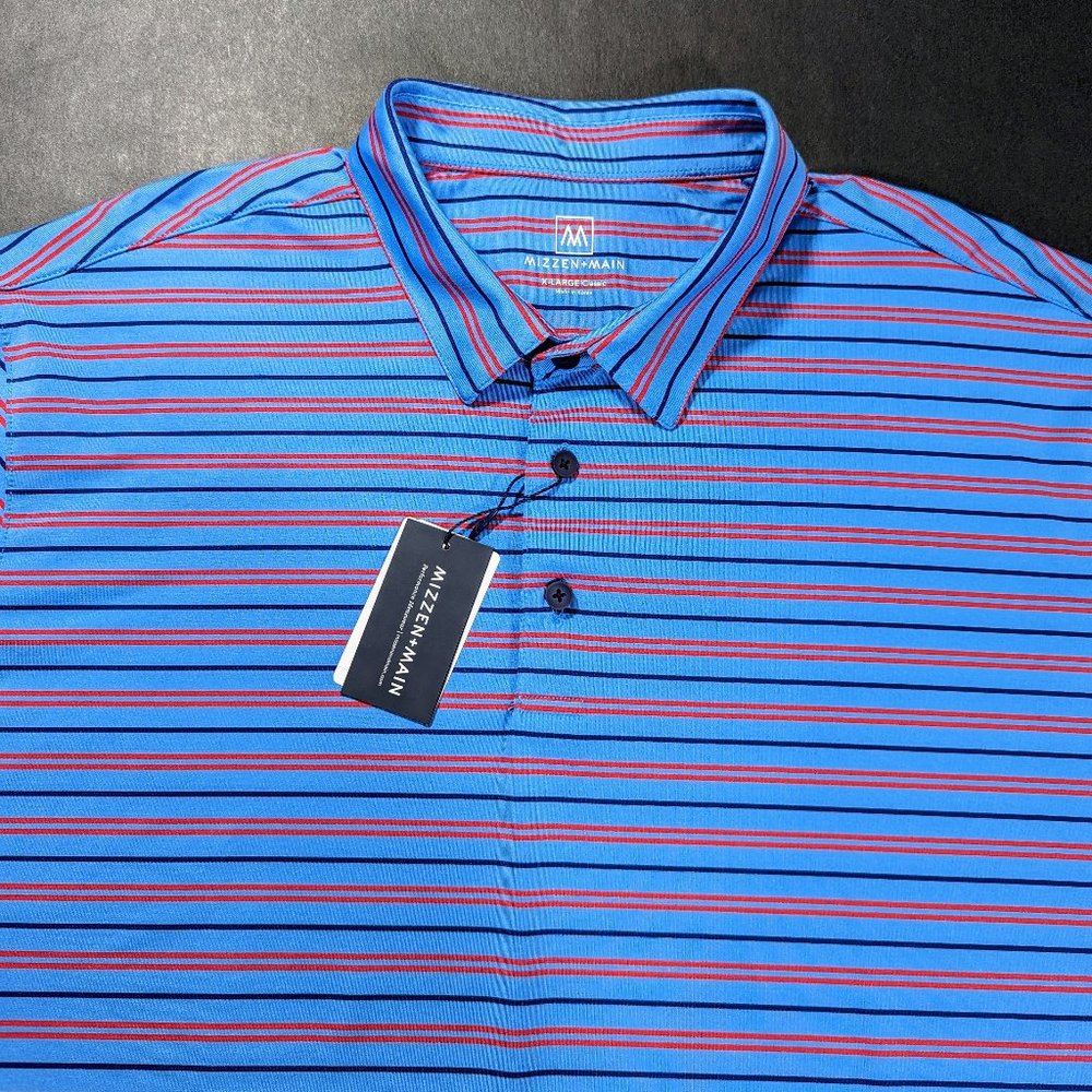 Mizzen + Main Men's Blue Striped Versa Performance Golf Polo Shirt Size XL 2XL
